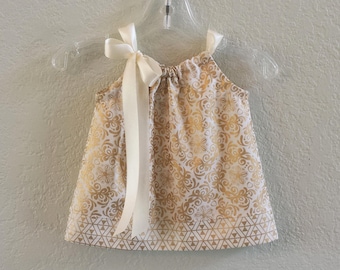 New! Baby Girls Gold and Cream Party Dress - Metallic Gold Damask Dress - Infants Gold Christmas Dress & Bloomers - Sizes NB through 18m