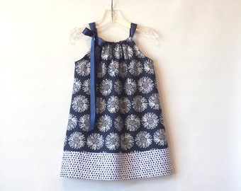 Girls Navy Blue Dress with White Dasies, Cute Pillowcase Dress with Daisies & Polka Dots, Handmade Summer Dress, Family Photos, Size 12m-10