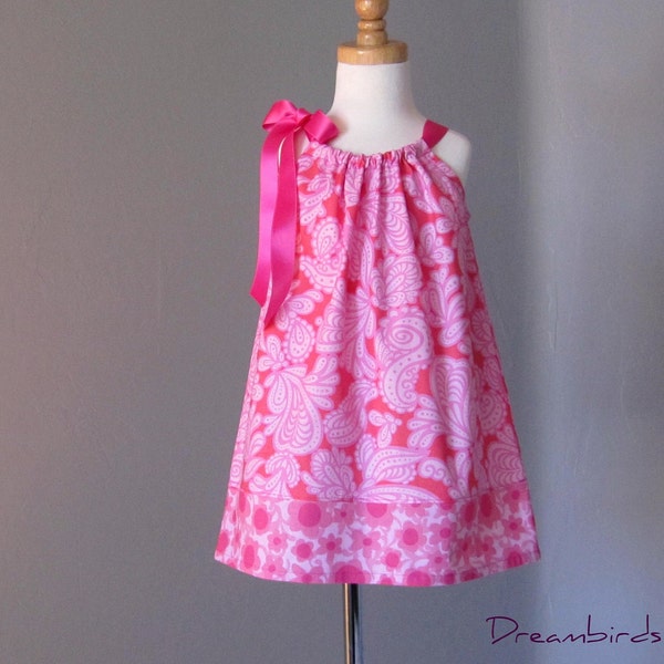 Girls Boho Pillowcase Dress in a Pink and Coral Paisley Print, Pullover Sun Frock with Ribbon Ties, Pretty Handmade Summer Dress, 12m - 10