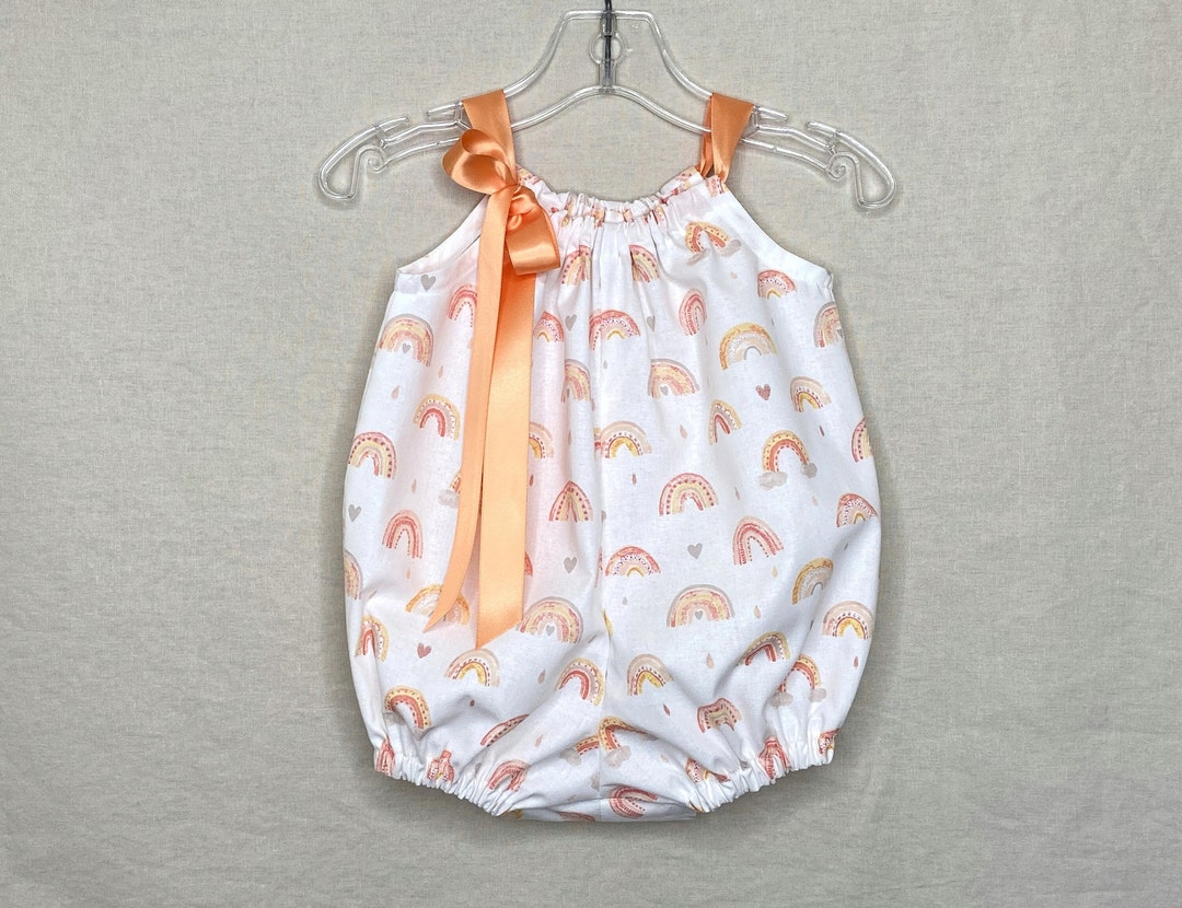 Baby Girls White Bubble Romper with Rainbows, Pretty Summer Sun Suit