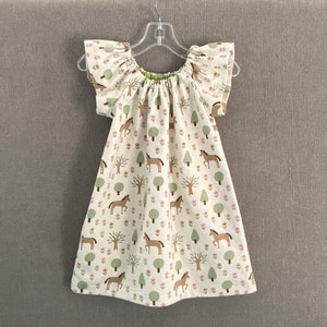 New! Girls Cream Dress with Horses, Pullover Flutter Sleeve Dress with Brown Ponies, Flannel Peasant Dress in an Adorable Horse Print, 12m-8