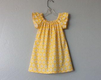 Girls Sunny Yellow Dress with White Daisies, Cute Flutter Sleeve Dress in a Floral Print, Yellow Cotton Pullover Peasant Dress, Size 12m - 8