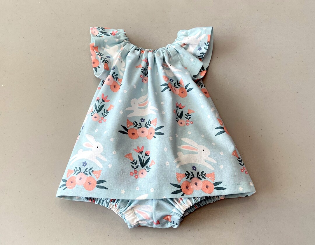 Girls Aqua Dress With Bunnies, Flutter Sleeve Dress With Bunny Rabbits ...