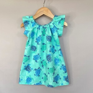 New! Girls Dress with Turtles, Blue and Green Flutter Sleeve Dress with Beautiful Sea Turtles, Cozy Cotton Flannel Peasant Dress, 12m - 8