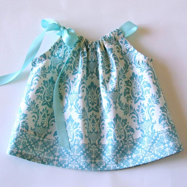 Baby Girls Aqua Dress with Bloomers: Damask Print Cotton Sun Dress - Handmade (Nb-18m)