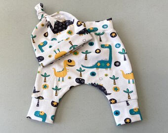 Baby Dinosaur Print Jogger Pants: Harem Style, Cotton Knit, Handmade - Beanie Available (Nb-9m)