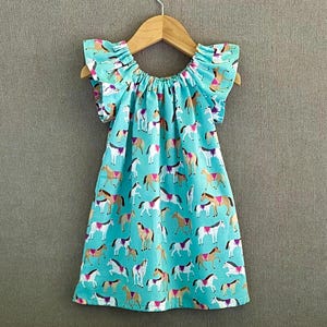 New! Girls Aqua Dress with Horses, Cute Flutter Sleeve Dress with Tan & White Horses, Pullover Cotton Peasant Dress with Ponies, Size 12m-8