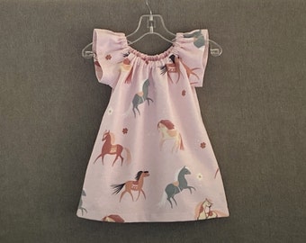 Girls Pink Dress with Horses, Cute Flutter Sleeve Dress with Stylized Horses, Cotton Flannel Peasant Dress in a Horse Print, Sizes 12m - 8