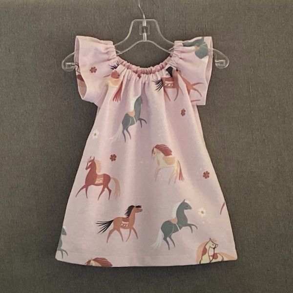 Girls Pink Dress with Horses, Cute Flutter Sleeve Dress with Stylized Horses, Cotton Flannel Peasant Dress in a Horse Print, Sizes 12m - 8