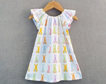 New! Girls Bunny Easter Dress with Flutter Sleeves, White Summer Frock with Rows of Bunny Rabbits, Pretty Pullover Peasant Dress, 12m-8