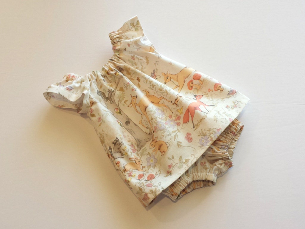 Baby Girls Woodland Dress with Bloomers: Fox & Deer Print, Flutter Sleeves - Handmade (Nb-18m)