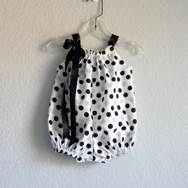 Baby Girls Black and White Polka Dot Romper, Bubble Romper with Ribbon Ties, Cute Summer Sun Suit, Polka Dot Smash Cake Outfit, Sizes Nb-18m