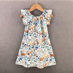 New for Fall! Girls Woodland Animals Dress with Flutter Sleeves, Pretty Peasant Dress with Fox, Deer and Owl, Handmade Cotton Dress, 12m-8