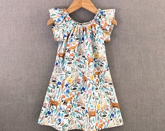 Girls Woodland Animals Dress: Handmade Cotton Peasant Dress with Flutter Sleeves (Sizes 12m-8)