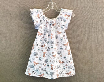 New! Girls Woodland Animals Dress with Fox Owl & Hedgehog, Cute Flutter Sleeve Dress with Forest Animals, White Cotton Peasant Dress, 3m - 8