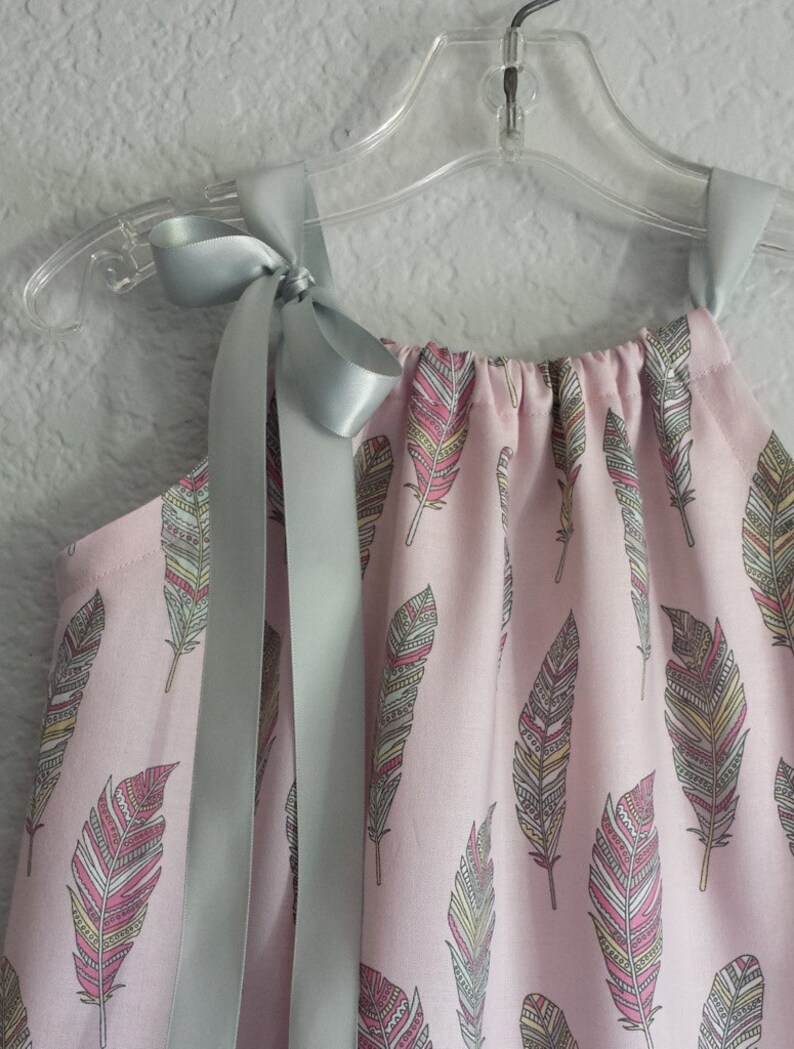 Last One Girls Boho Pillowcase Dress in a Feather Print, Pink and Gray Pullover Frock with Ribbon Ties, Girls Fall Clothes Sizes 12m 5 image 3