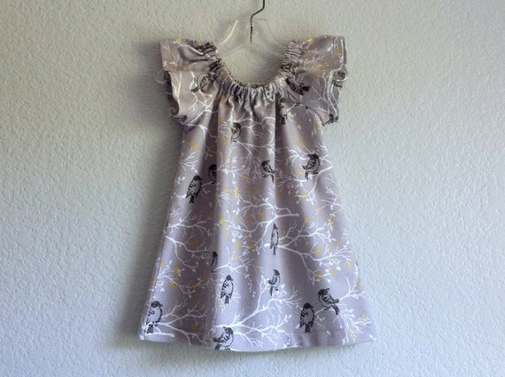 grey bird dress Girls' Gray With Birds: Flutter Sleeve Cotton Flannel Peasant Dress - Handmade (12m-8) Olive green bridesmaid dress