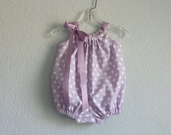 Baby Girls Lavender Bubble Romper: Cotton Sun Suit with White Polka Dots - Handmade (Nb-18m)