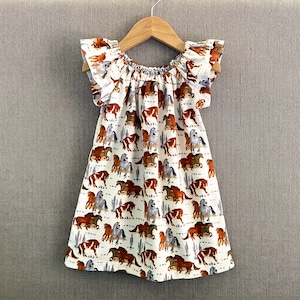 New! Girls Dress with Horses, Flutter Sleeve Dress with Galloping Horses, Pullover Flannel Peasant Dress in a Western Horse Print Size 12m-8