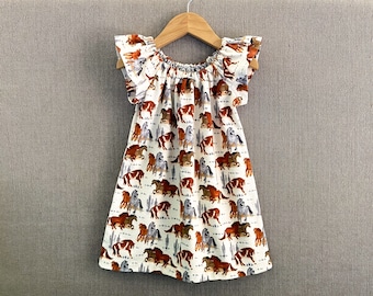 New! Girls Dress with Horses, Flutter Sleeve Dress with Galloping Horses, Pullover Flannel Peasant Dress in a Western Horse Print Size 12m-8