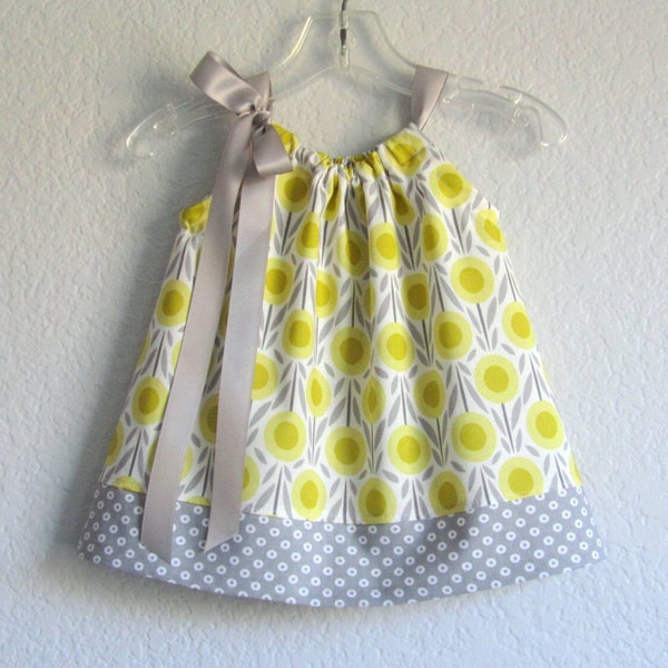 Baby Girls Floral Dress with Bloomers: Yellow & Gray Cotton Sundress - Handmade (Nb-18m)