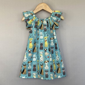 Girls Puppy Dog Dress, Teal Flutter Sleeve Dress with Cute Dogs, Pullover Cotton Frock w/ Mans Best Friend! Handmade Peasant Dress, 12m - 10