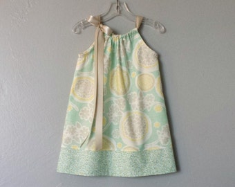 Girls Boho Floral Dress in Mint Green with Yellow and Taupe Flowers, Pullover Sun Frock with Ribbon Ties, Pretty Cotton Pillowcase Dress