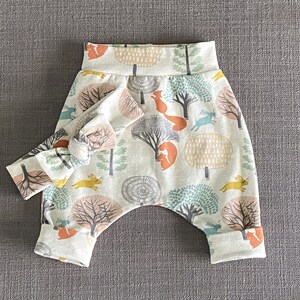 Baby's Woodland Jogger Pants with Fox Squirrel & Rabbit, Available Beanie or Headband, Harem Pants, Coming Home Outfit, Baby Shower Gift