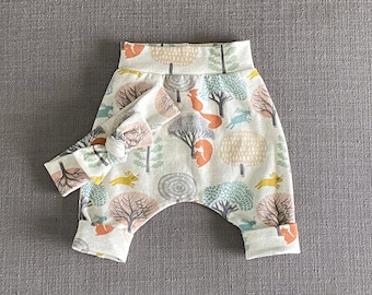 Baby's Woodland Jogger Pants with Fox Squirrel & Rabbit, Available Beanie or Headband, Harem Pants, Coming Home Outfit, Baby Shower Gift