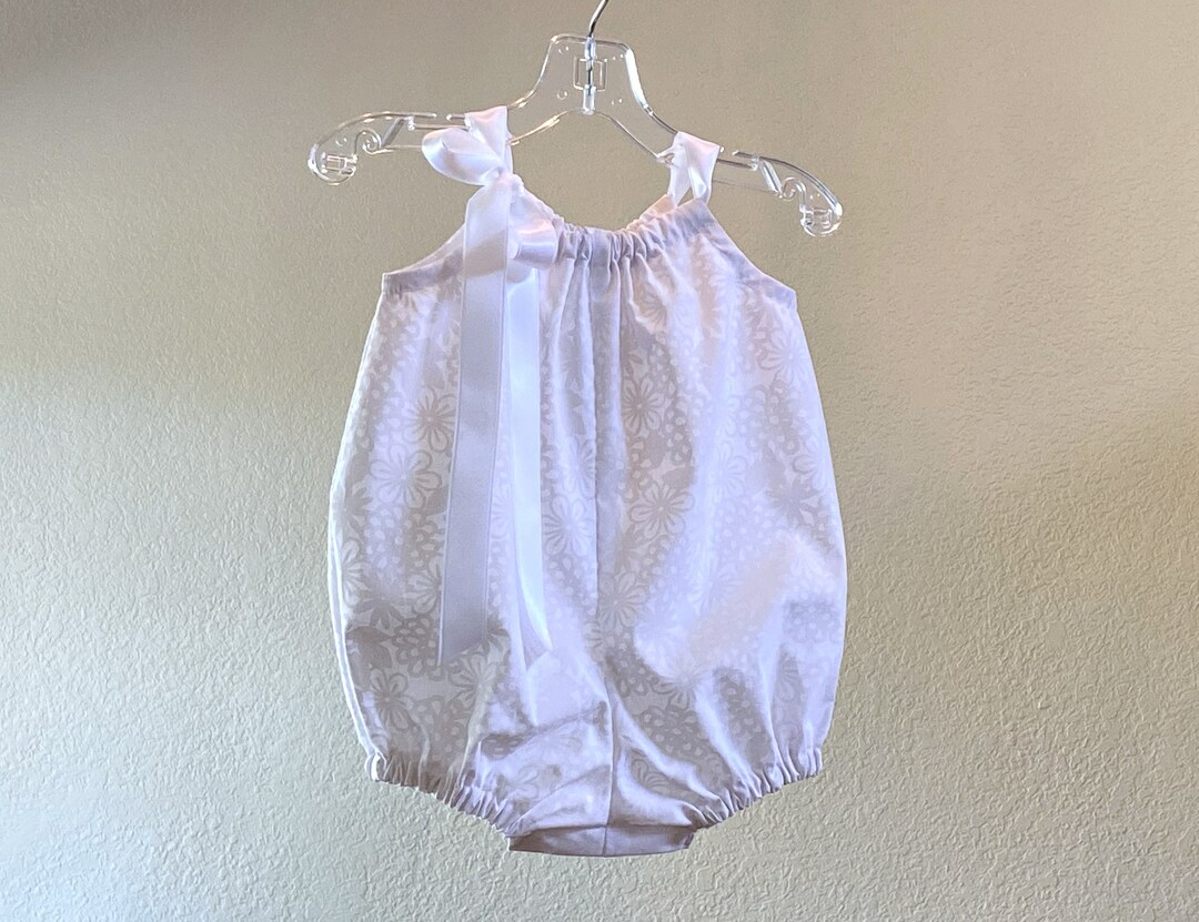 Baby Girls White Bubble Romper, Pretty Sun Suit With Embossed White