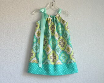 Girls Turquoise Pillowcase Dress, Colorful Pullover Sun Frock with Ribbon Ties, Girls Boho Summer Dress in Turquoise & Lime, Sizes 12m - 10