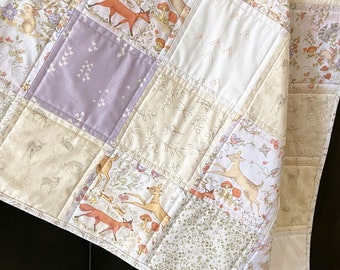 New! Woodland Animals Baby Quilt w/Deer and Fox, Handmade Patchwork Quilt, Quilted Blanket w/Forest Animals, Gender Neutral Baby Shower Gift