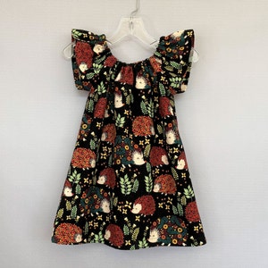 Girls Black Dress with Hedgehogs: Handmade Cotton Flannel Peasant Dress (Sizes 12m-8)