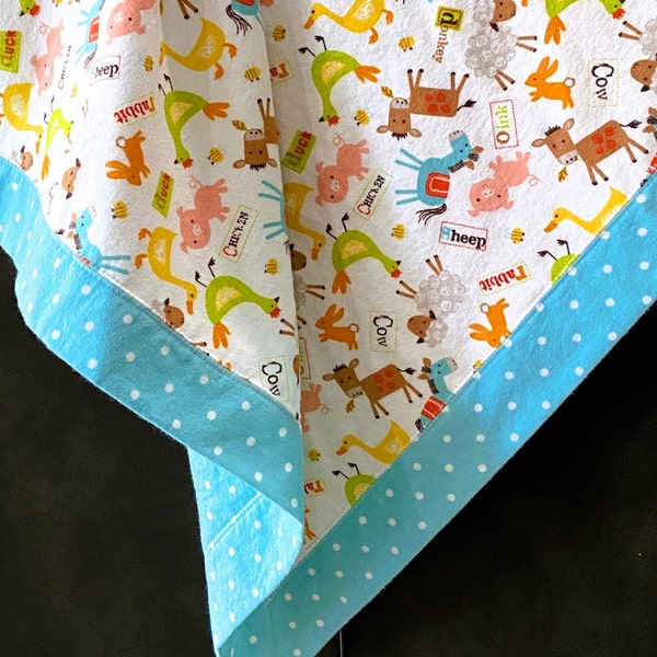 Farm Animals Baby Blanket, Self-Binding Flannel Blanket in a Gender Neutral Print, Handmade Reversible Receiving Blanket, Baby Shower Gift