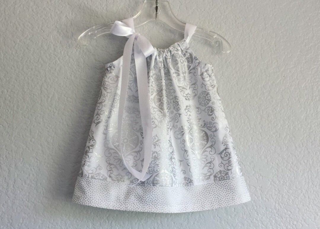 Baby Girls White Christmas Dress With Bloomers, Pretty Metallic Silver