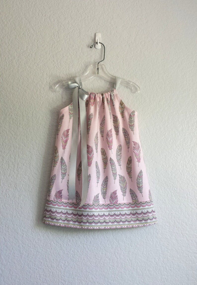 Last One Girls Boho Pillowcase Dress in a Feather Print, Pink and Gray Pullover Frock with Ribbon Ties, Girls Fall Clothes Sizes 12m 5 image 4