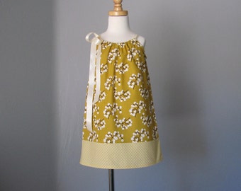 Girls Mustard Yellow Sun Dress, Pullover Summer Frock with Ribbon Ties, Cute Cotton Pillowcase Dress with White Flowers, Sizes 12m - 10