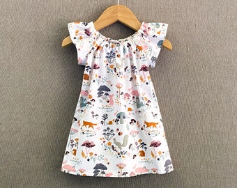 New! Girls Mushroom Dress with Woodland Animals, Baby's White Cotton Dress with Flutter Sleeves, Cottage Core Dress with Mushrooms, Nb - 8