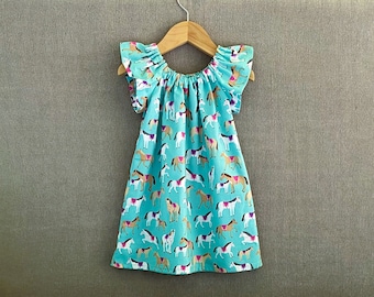 New! Girls Aqua Dress with Horses, Cute Flutter Sleeve Dress with Tan & White Horses, Pullover Cotton Peasant Dress with Ponies, Size 12m-8