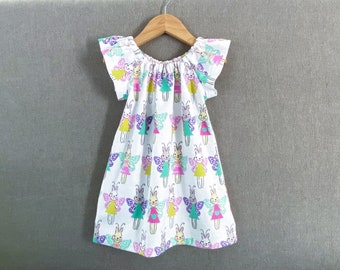 New! Girls Bunny Rabbit Dress with Flutter Sleeves, Magical Bunnies with Fairy Wings, Cute Cotton Flannel Bunny Dress, Sizes 12m-8