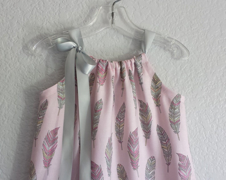 Last One Girls Boho Pillowcase Dress in a Feather Print, Pink and Gray Pullover Frock with Ribbon Ties, Girls Fall Clothes Sizes 12m 5 image 2