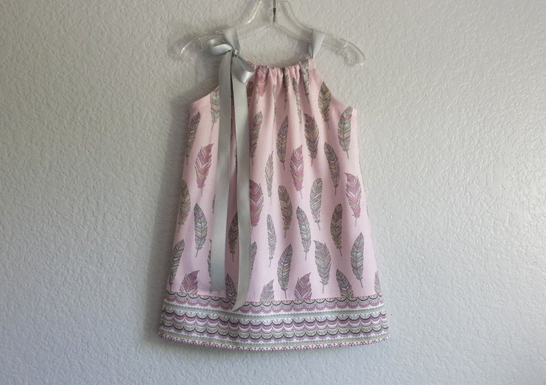 Last One Girls Boho Pillowcase Dress in a Feather Print, Pink and Gray Pullover Frock with Ribbon Ties, Girls Fall Clothes Sizes 12m 5 image 1