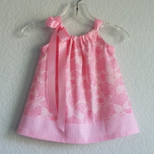 Baby Girls Pretty Pink Dress with Bloomers, Pullover Dress with Gingko Leaves & Birds, Pillowcase Style Dress with Ribbon Ties, Sizes Nb-18m