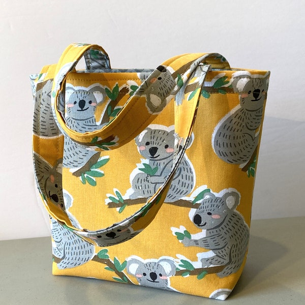 Girls Koala Bear Tote Bag, Handmade Tote in Mustard Yellow and Gray, Girls Purse with Koalas, Carryall with Cute Koalas, Koala Lovers Gift