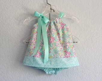 Handmade Baby Sundress with Bloomers: Aqua Floral Cotton Outfit (NB-9M)