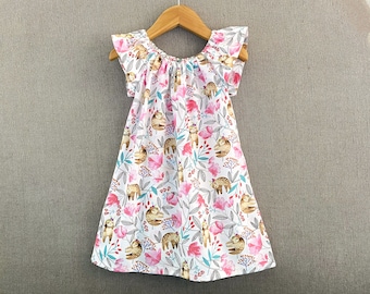 New! Girls Sloth Dress with Flutter Sleeves, Pretty Pullover Floral Frock with Sleepy Sloths, Handmade Cotton Peasant Dress, Sizes 12m - 8