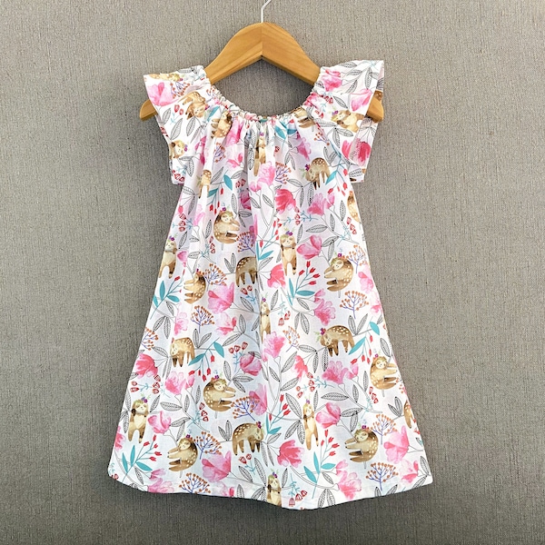 New! Girls Flutter Sleeve Dress with Cute Sloths, Pullover Floral Frock with Sleepy Sloths, Handmade Cotton Peasant Dress, Sizes 12m - 8