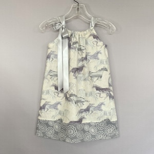 New! Girls Dress with Horses, Pale Yellow Dress with Running Horses in Shades of Gray, Stylish Pullover Frock with Ribbon Ties, Sizes 12m-10