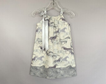 New! Girls Sun Dress with Horses, Pale Yellow Dress with Running Horses in Shades of Gray, Stylish Pullover Frock with Ribbon Ties, 12m - 10