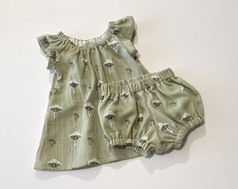 New! Baby Girls Mushroom Dress, Sage Green Frock with White Mushrooms, Flutter Sleeve Dress in Cotton Gauze, Pretty Dress & Bloomers Outfit